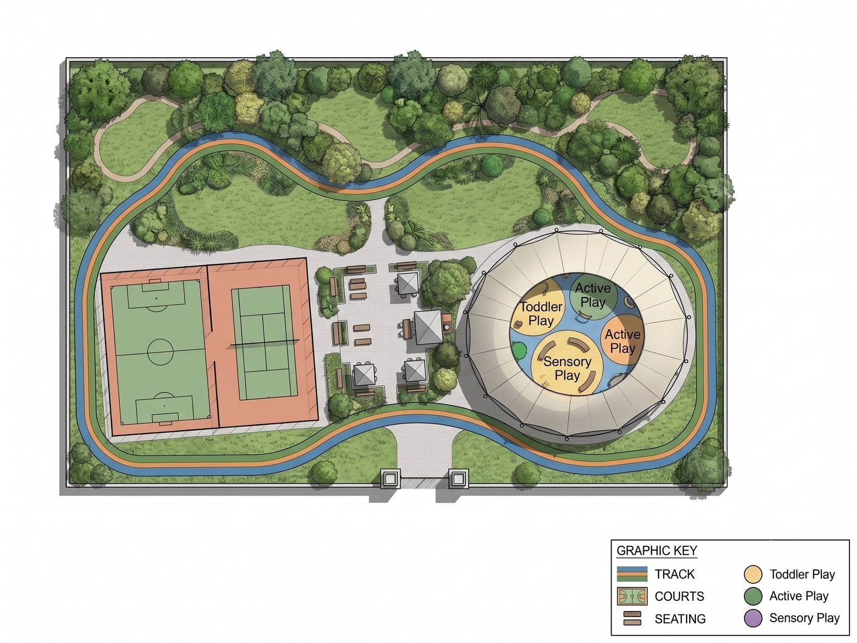 Illustrative concept masterplan of Rainbow Park: a covered play dome with toddler, active and sensory zones, a five-a-side pitch and multi-use court, central seating square, a track looping the park, and woodland paths along the top.
