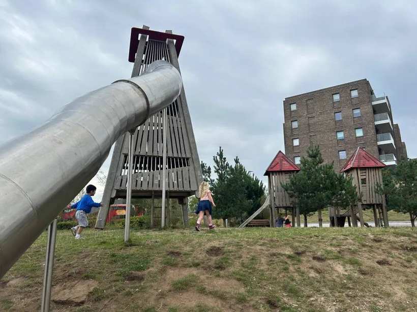 A slide built into a natural grass slope.