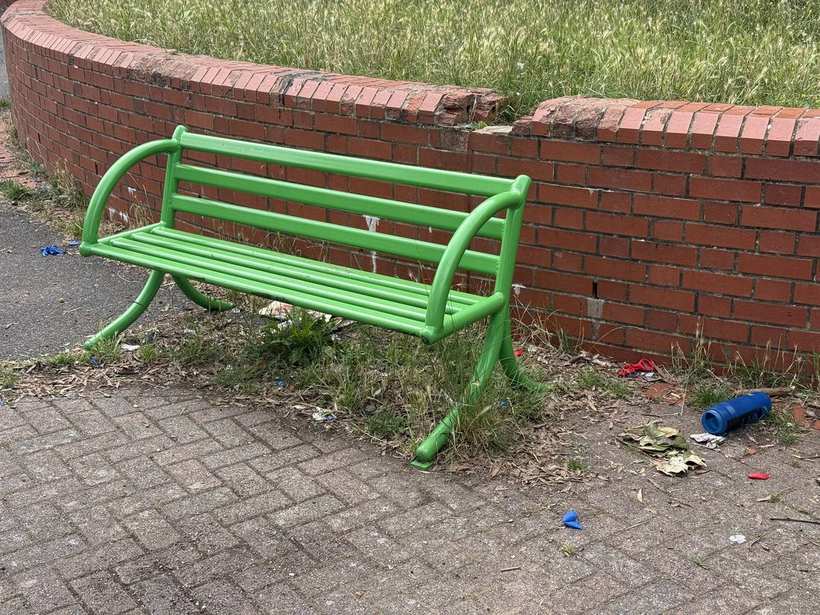 Old benches next to an overgrown, unmanaged park edge.